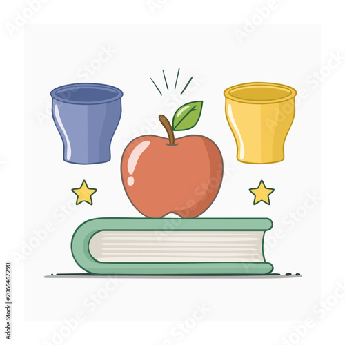 Flat illustration of apple on book with cups and stars