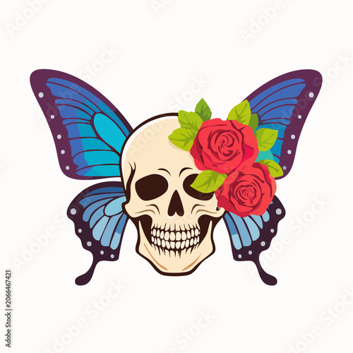 Skull with Butterfly Wings and Roses