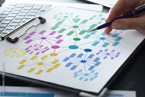 Knowledge graph. Visualization of semantic network structure. Businessman organizing relationships between data and information.