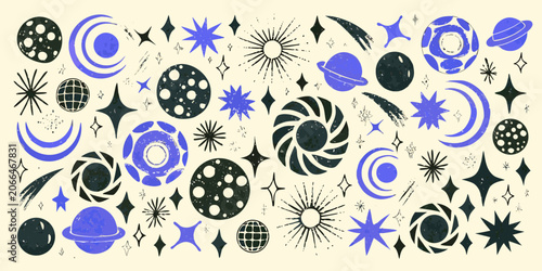 Slika na platnu Retro Space Elements Vector Illustration With Planets Stars And Celestial Bodies