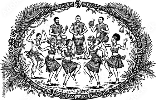Ancient black silhouette illustration of traditional gathering with music and communal dining isolated on white background
