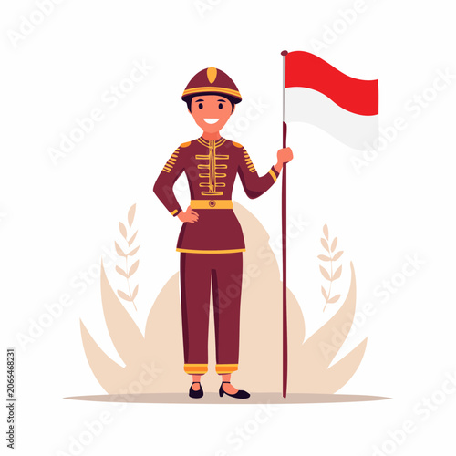 Person in Traditional Indonesian Uniform Holding National Flag