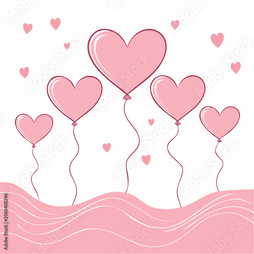 Pink heart balloons floating on white background
