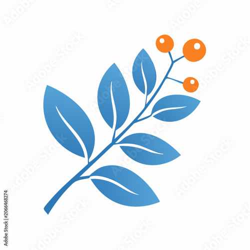 Stylized branch with blue leaves and orange berries