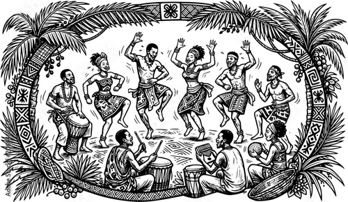 Ancient black silhouette illustration of traditional gathering with music and communal dining isolated on white background
