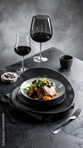 A table setting with wine glasses and a dish of food