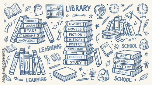Tableau sur toile Library Books Doodle Illustration Set Hand Drawn Education Sketches Knowledge an