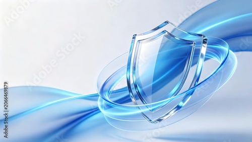Crystal Clear Glass Shield Blue Translucent Ribbons Flowing Smooth Gradient White Background Abstract Render