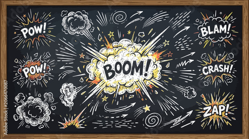 Εκτύπωση καμβά Comic Book Explosion Onomatopoeia Chalkboard Illustration, Boom Pow Zap Hand Dra