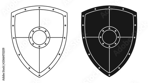 Photos Shield Symbolism: Two stylized shield icons, one in black and one as an outline, representing protection, security, and defense