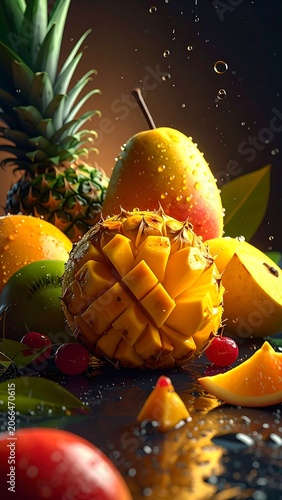 A vibrant still life of assorted fruits on a reflective surface (4)