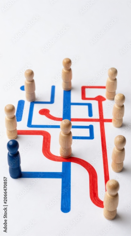 Obraz premium Conceptual Representation of Strategy in Sports and Games, Featuring a Board Game Layout with Directional Paths and Player Figurines for Dynamic Decision-Making Scenarios