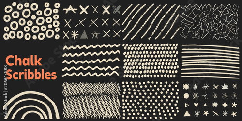 Chalk scribble patterns collection on a black background
