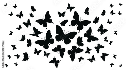 Black Silhouette Butterfly Swarm Collection Isolated on White Background Graphic Art
