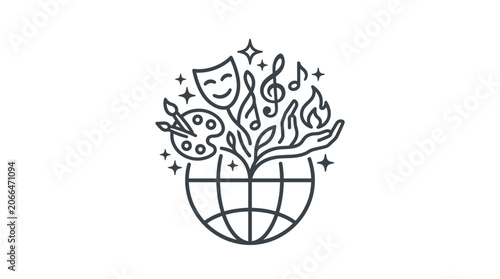 Foto Global arts and culture icon with globe and symbols.