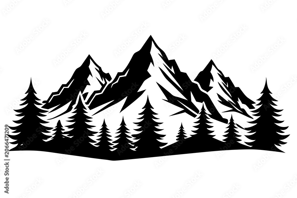 Obraz premium Majestic mountain range vector illustration, rugged alpine peaks and towering pine trees, black and white nature landscape graphic, outdoor adventure and wilderness design element