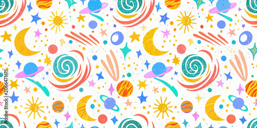 Slika na platnu Cosmic Doodle Pattern With Planets Stars And Celestial Bodies