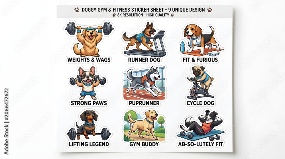 Obraz premium Doggy Gym and Fitness Sticker Sheet: A charming collection of nine unique sticker designs featuring dogs engaged in various fitness activities, from weightlifting to running and cycling.