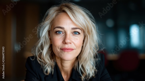 A confident woman with tousled blonde hair gazes directly at the camera, showcasing strength and presence in a modern office setting, capturing professional poise.