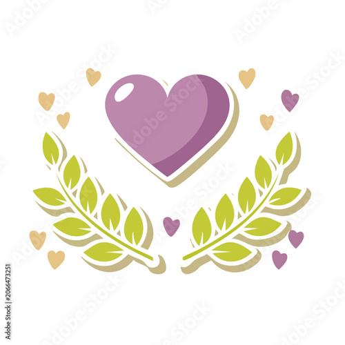 Purple heart with green leaves and small hearts illustration
