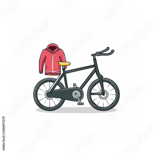 Red bicycle with backpack and helmet