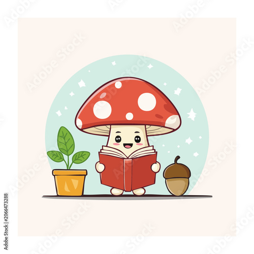 Red cartoon mushroom with gift box and coffee cup