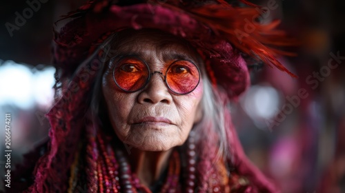 An elderly woman adorned in vibrant clothing and eyeglasses gazes thoughtfully, reflecting cultural wisdom, individuality, and a deep connection to one's roots and heritage.