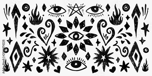 Valokuva Occult themed vector illustration with eyes stars and abstract shapes on white b