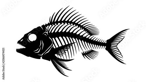 Foto Fish skeleton illustration: A stark black and white illustration of a complete fish skeleton, showcasing its intricate bone structure and anatomical detail