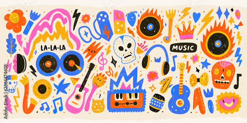 Photos Hand Drawn Doodle Collage With Musical Instruments And Decorative Elements