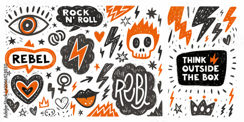 Photos Punk Rock Doodle Pattern With Skulls Lightning Bolts And Rebel Typography