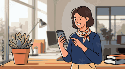 A woman interacts with her phone while standing at a desk