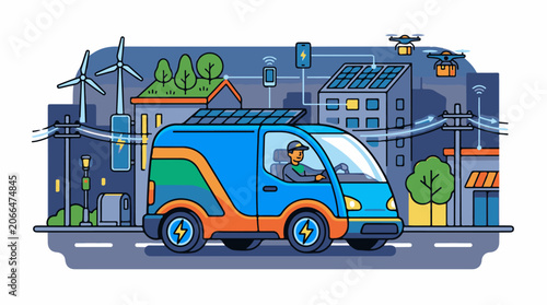 An electric delivery van drives on a city street with solar panels on its roof