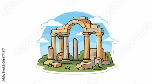 Ancient stone archway amidst greenery under a blue sky with white clouds
