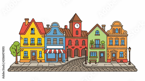 Colorful cartoon illustration of a quaint town's street with various buildings