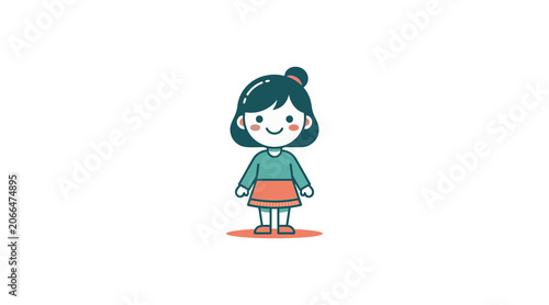 Cute Cartoon Girl Standing Happy Child Character Simple Design.