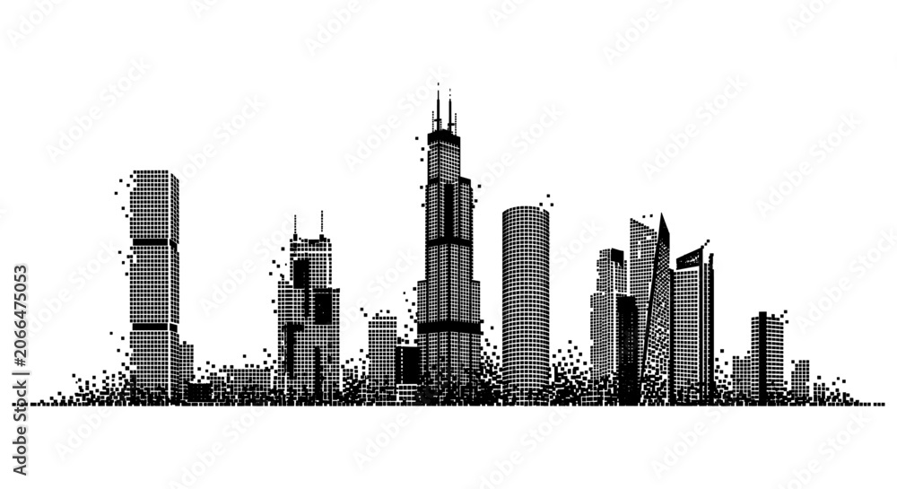 Naklejka premium Pixel art city skyline with black skyscrapers on white background. Retro 8-bit urban cityscape silhouette. Digital metropolitan horizon for gaming.