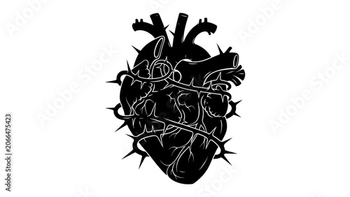 Obraz na plátně Symbol of Anguish: A stark black silhouette of a human heart ensnared by sharp, piercing thorns, symbolizing pain, sacrifice, and emotional turmoil