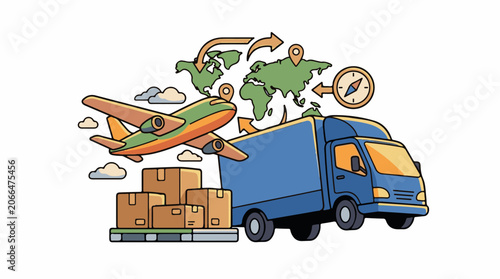 A cartoon illustration of a blue truck with a plane delivering packages globally
