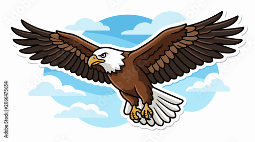 A cartoon eagle in flight against a blue sky with white clouds