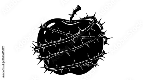 Obraz na plátně Apple of Discord: A stark, black silhouette of an apple ensnared by a thorny vine, symbolizing temptation, danger, and a hidden threat