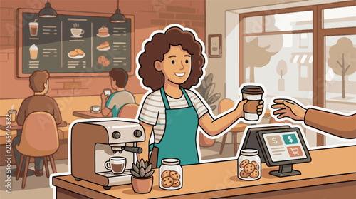 A cartoon woman in a cafe hands a customer a hot drink