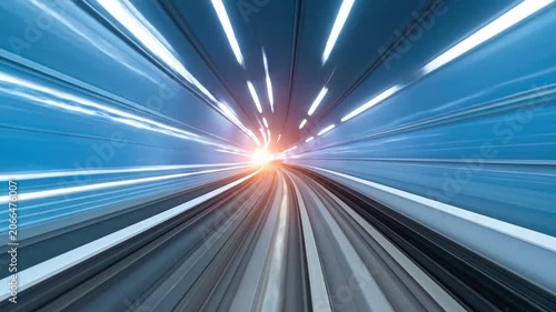 Abstract motion blur of high speed train traveling through a futuristic blue tunnel