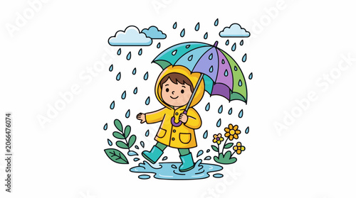 A child in a yellow raincoat and boots plays with an umbrella in the rain
