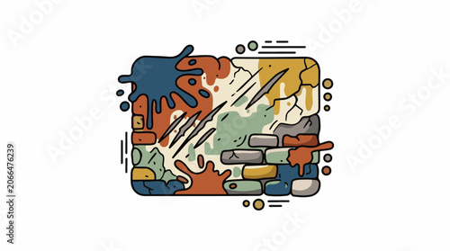 A colorful abstract graphic design featuring a mix of paint splatters and brick textures in shades of blue, orange, green, and yellow on a white background