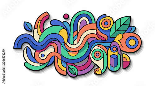 A colorful abstract illustration featuring swirling lines, leaves, and circles