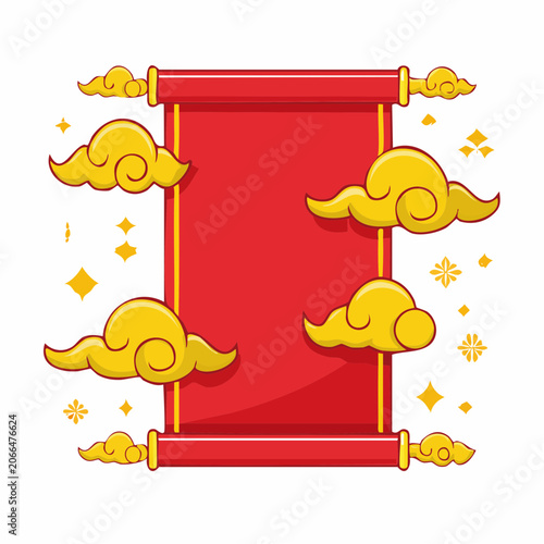 Red scroll with yellow clouds and stars, copy space