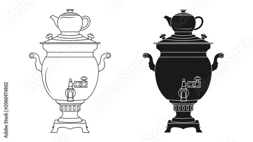 Foto Traditional Samovar Design: A classic Russian samovar, depicted in both outline and silhouette, symbolizing a rich heritage of tea culture and communal gathering