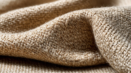 Top-down flat lay of coarse gray-beige linen with handwoven hemp textures and soft lighting. Minimal layout offers generous right negative space for logos, organic packaging, and commercial branding.