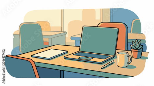 A colorful, stylized illustration of a laptop on a desk with office supplies